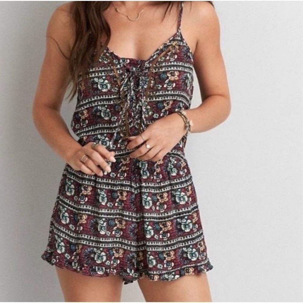 Womens American Eagle Tribal Boho Embellished Back Cutout Romper - Sz S